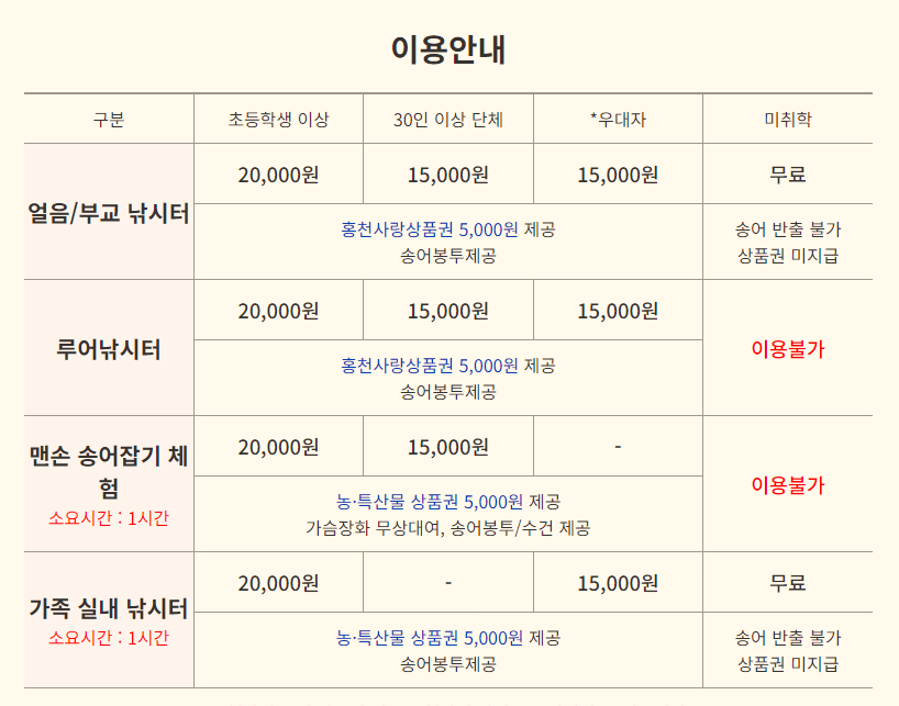 홍천강꽁꽁축제이용요금